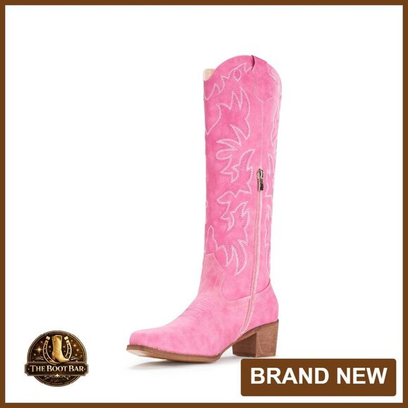 Shoes - Knee High Western Boots Snip Toe Side Zipper Chunky Heel